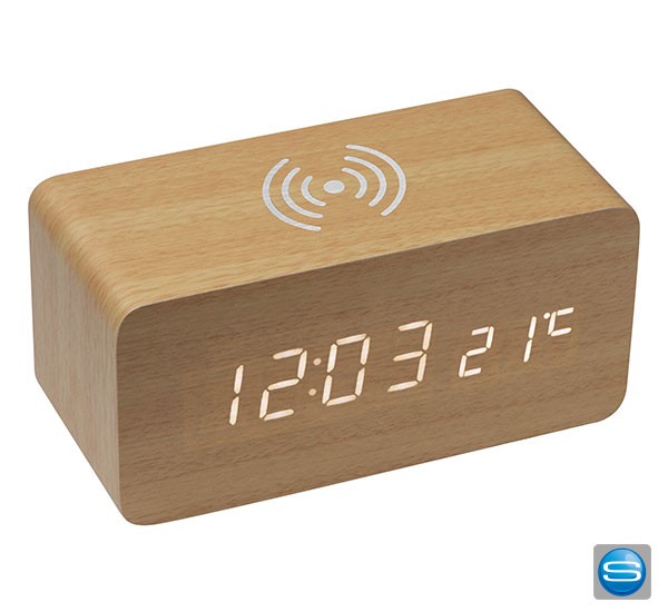 Schreibtischuhr mit Wireless Charger als Werbeartikel