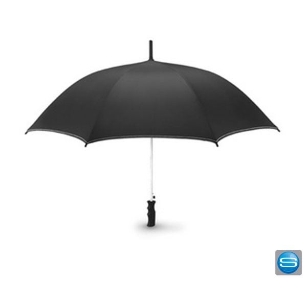 Schwarzer Stockschirm mit Farbdetails als Werbeträger