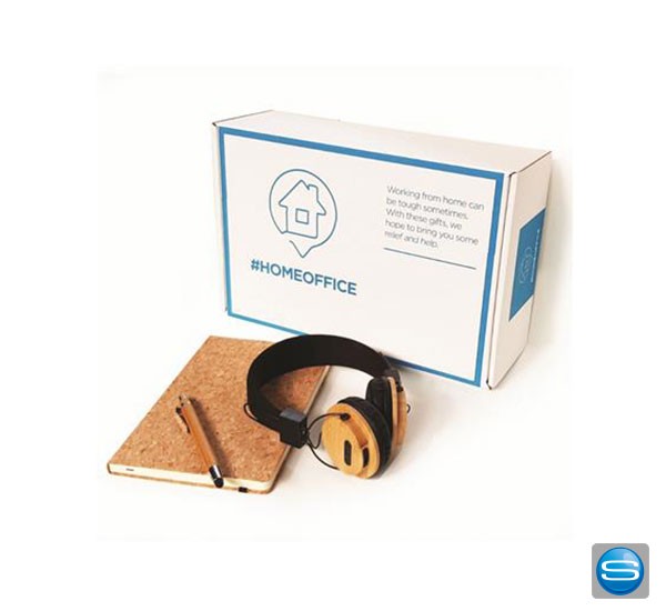 Homeoffice-Set bestehend aus Kopfhörer und Notizbuch mit Logo bedrucken