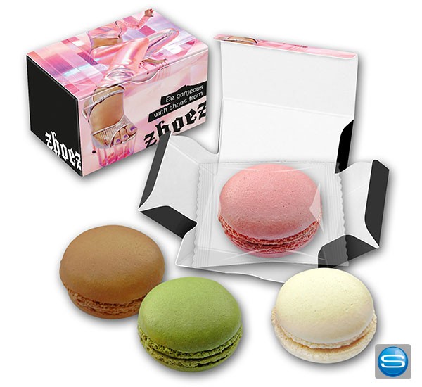 Macarons mit bedruckten Karton als Werbeartikel