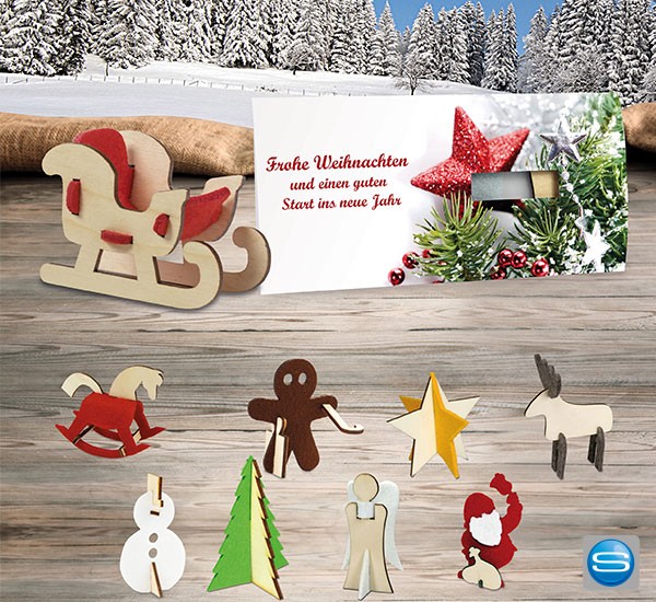 Steckfiguren Weihnachtskarte aus Filz mit Ihrem Logo bedrucken