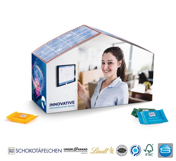 Haus gefüllt mit Ritter Sport oder Lindt als Werbegeschenk