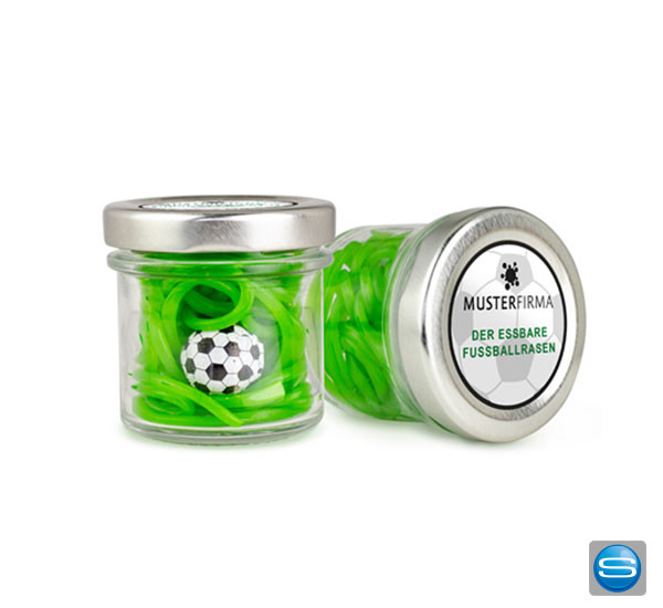 Grüner Fruchtgummirasen im Glas mit Ihrem Firmenlogo bedruckbar