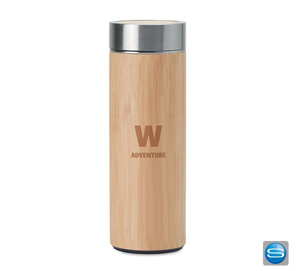 Doppelwandige Isolierflasche mit Tee-Sieb als Werbemittel mit Logo veredeln