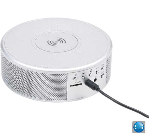 Bluetooth Lautsprecher mit Ladestation und Freisprechanlage als Werbemittel