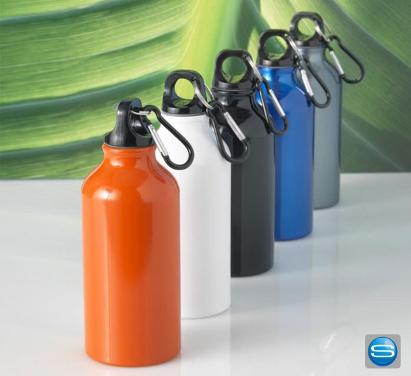 Trinkflasche mit Karabiner als Werbemittel mit großer Druckfläche