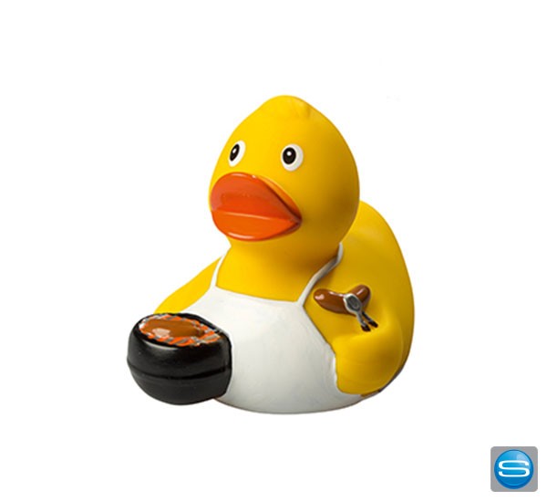 Quietsche Ente im Grill-Outfit mit Logo bedrucken