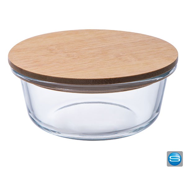 Universalschale aus Glas mit Bambusdeckel als Werbeartikel