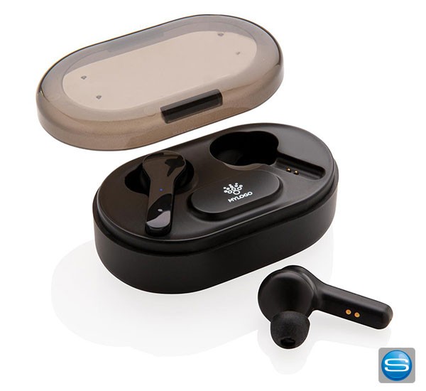 Ohrhörer in Ladebox mit light-up-Logo als Give Away veredeln