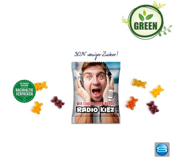 Zuckerreduzierte Fruchtgummi Bärchen im bedruckten Werbetütchen