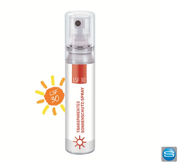 Praktisches Sonnenschutz Spray mit Logo bedrucken