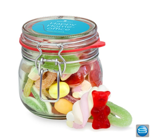 Einmachglas mit süßen Leckereien als Werbeartikel mit Logo bedruckt
