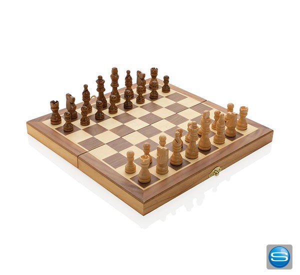 Schachset faltbar aus Holz als Give Away mit Logo bedruckt