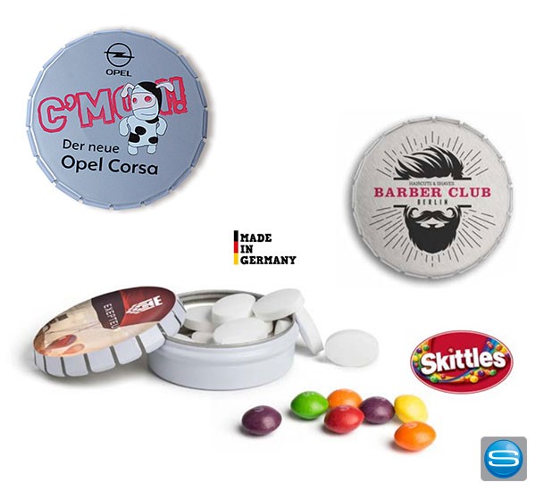 Mini Click-Clack-Dose mit Süßigkeiten als Werbegeschenk