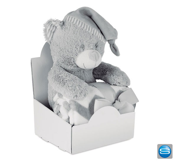 Plüschbär mit Fleece-Decke als Werbepresent