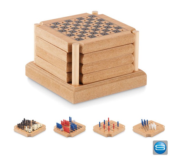 Set mit 4 Untersetzern und MDF inkl. 4 Brettspielen als Werbegeschenk