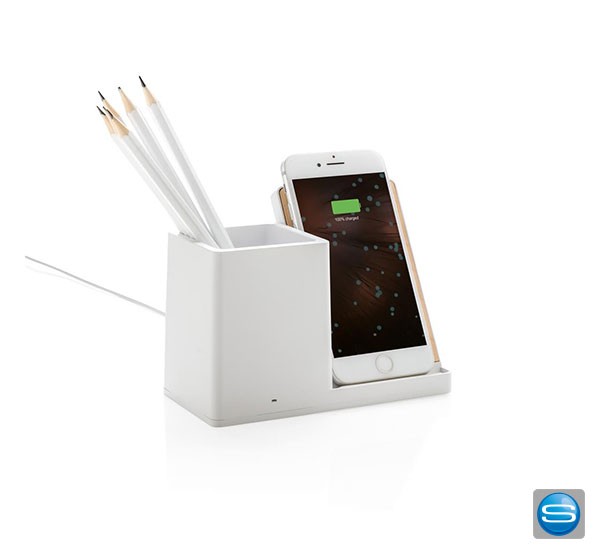 Wireless Charger und Stiftehalter mit Logo bedruckt