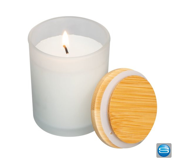 Kerze in gefrostetem Glas & Bambusdeckel mit Logo gravieren