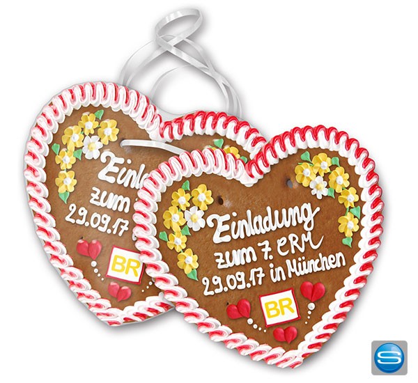 Lebkuchenherz als Werbegeschenk mit Handschriftzug und Marzipanlogo