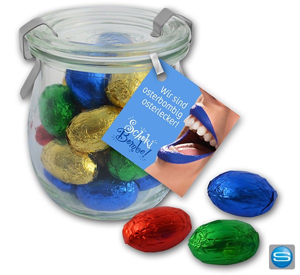 Schoko-Ostereier im Weckglas mit Werbeaufdruck