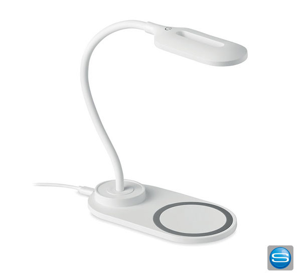 Tischleuchte mit kabelloser Ladestation als Werbeträger