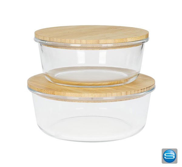 Runde Glasbox mit Bambusdeckel als Werbeträger mit Lasergravur veredeln