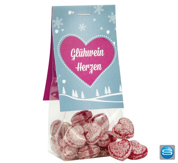 Glühweinherzen im Beutel mit bedruckter Karte