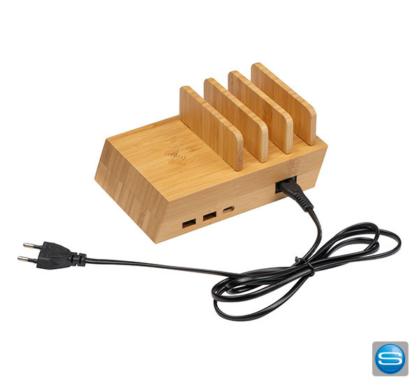Ladestation aus Bambus für 4 Geräte mit Ihrem Firmenzeichen