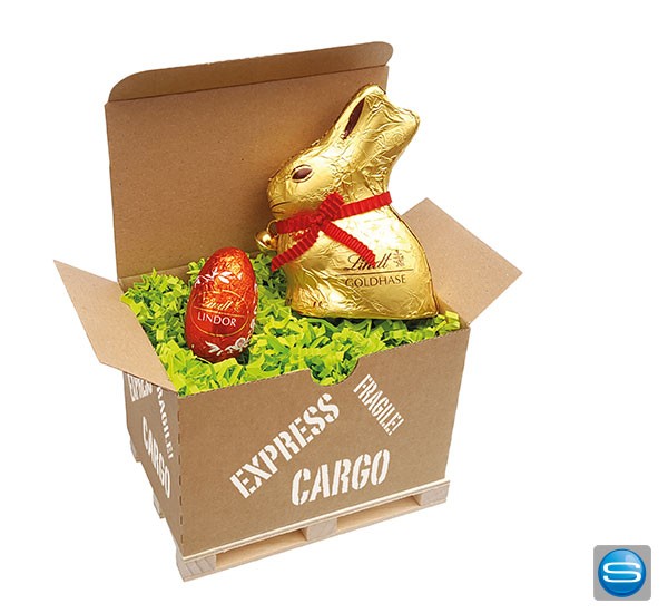 Bedruckbarer Palettencontainer mit Lindt Goldhase und Ei
