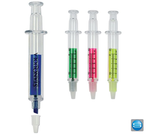 Textmarker in Spritzenform mit Logo bedrucken