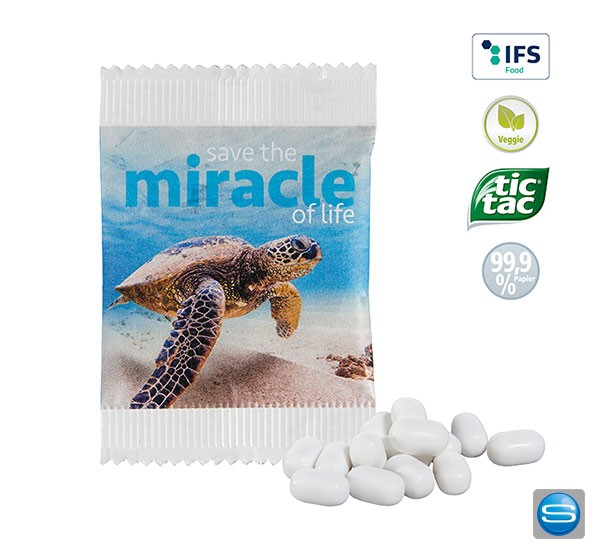 tic tac im Papiertütchen als Werbegeschenk mit Logo bedruckt