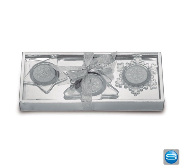 3-tlg. Teelichthalterset im winterlichem Design als Werbeartikel mit Logo veredeln