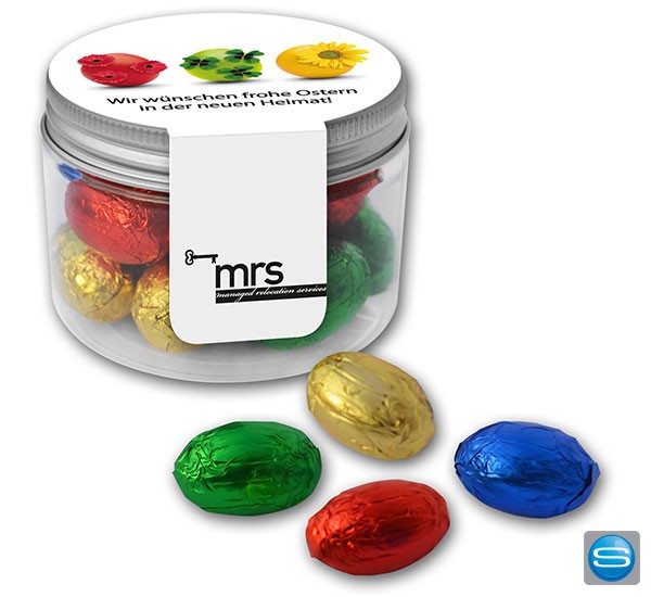Bunte Schokoeier in Kunststoffdose bedrucken