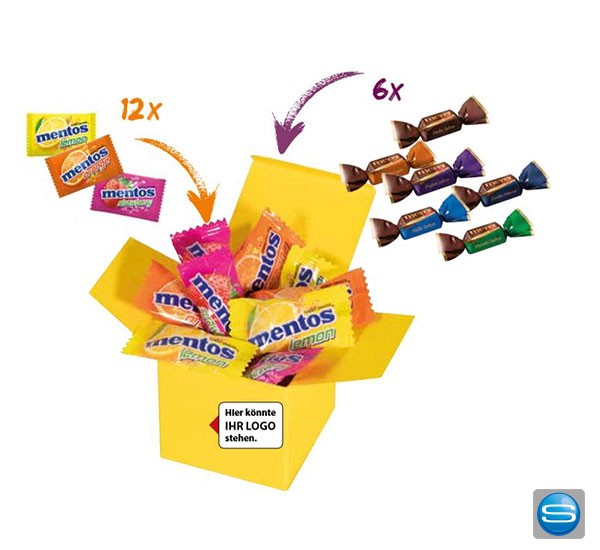 Individuell gestaltbare Box befüllt mit Mentos oder Merci als Werbeartikel verschenken