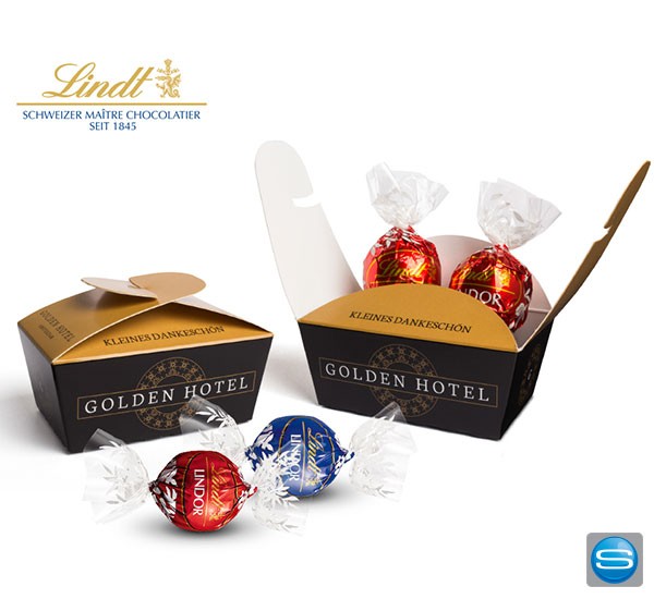 Lindt Schokokugeln mit Logodruck auf Schachtel