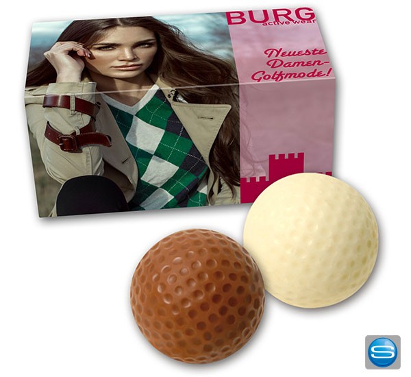 Golfball aus Schokolade im 2er Pack als Werbegeschenk