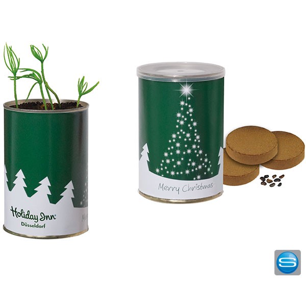 Weihnachtsbaum-Dose mit Ihrer Werbebotschaft zu Weihnachten verschenken