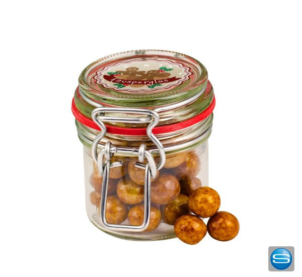 Glas mit Spekulatiuskugeln als Werbegeschenk