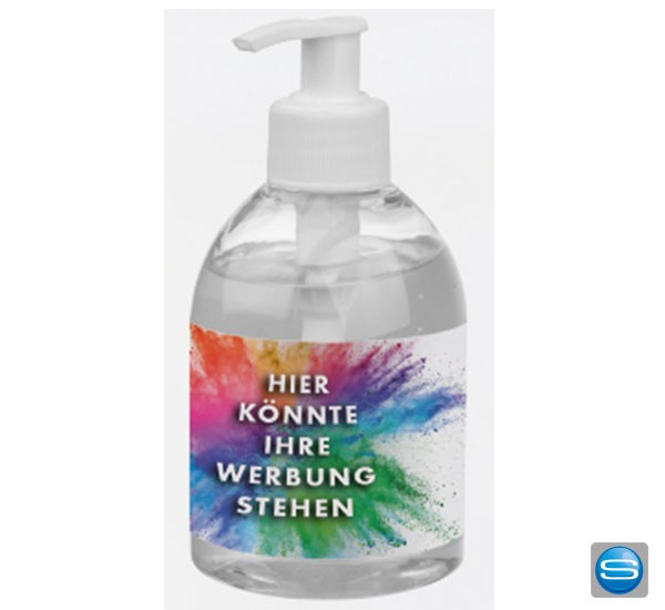 Spender für Desinfektionsgel als Werbegeschenk mit Logodruck auf Etikett