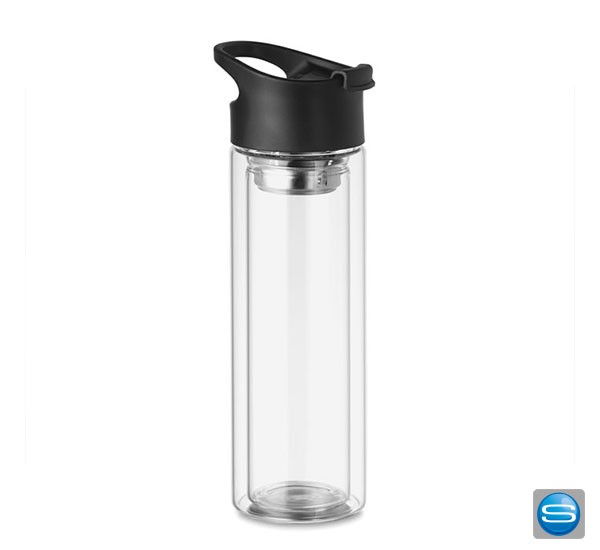 Glastrinkflasche mit Teesieb als Werbemittel mit Logodruck