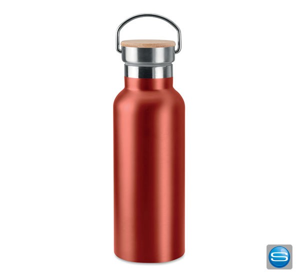 Gravierbare doppelwandige Isolierflasche aus Edelstahl mit Bambusdeckel