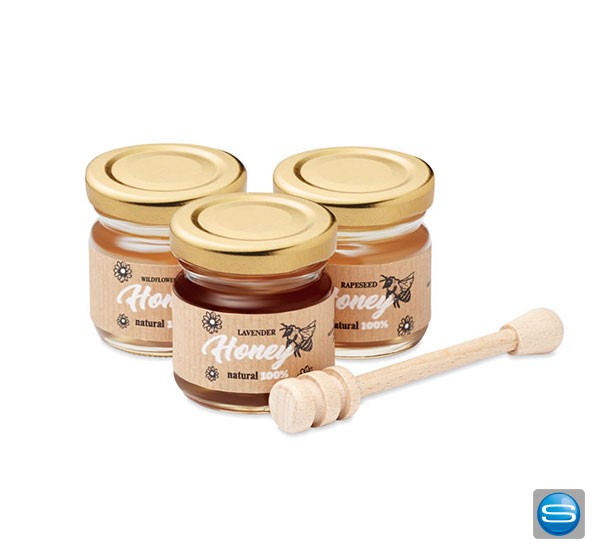 Set mit 3 unterschiedlichen Honigsorten im Glas als Give Away