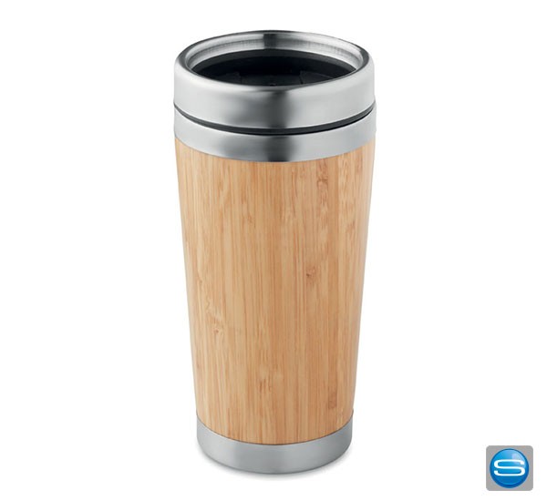 Doppelwandiger Trinkbecher aus Edelstahl mit Bambus-Finish als Wergeschenk