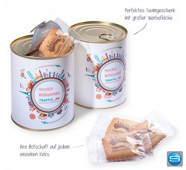 Logokekse in der Dose mit Werbebanderole