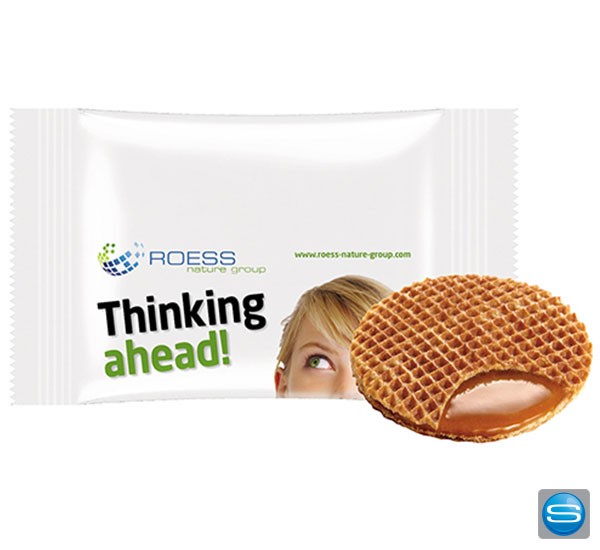 Karamellwaffel als Werbegeschenk im bedruckten Tütchen