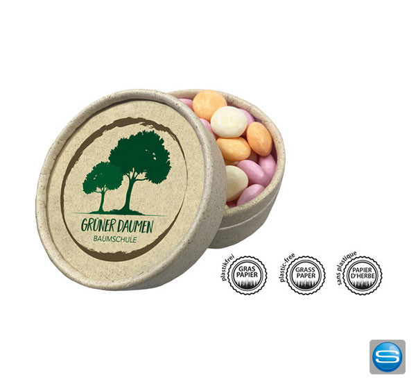 Runddose aus Graspapier mit Moam Krachern als Werbegeschenk