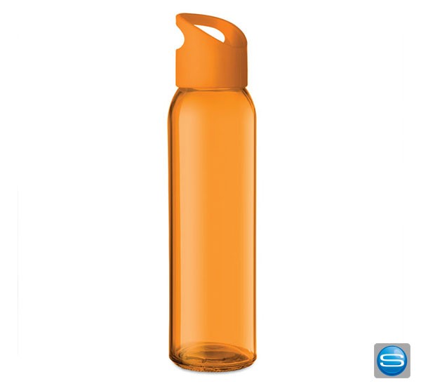 Glastrinkflasche mit Aussparrung zum Aufhängen als Give Away bedrucken