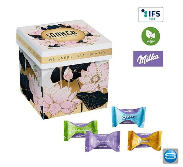 Überraschungsbox gefüllt mit Süßigkeiten als Werbeartikel