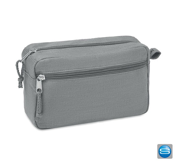 Kosmetiktäschchen aus Hanf mit zwei Fächern als Werbemittel mit eigenem Logo bedruckt