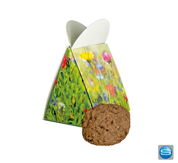 Handgefertigte Tonkugel mit Blumensamen in einer individuellen Verpackung